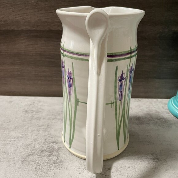 Studio Art Pottery Pitcher Hand Painted Purple Iris Flowers Handmade Signed 8" - Picture 3 of 11